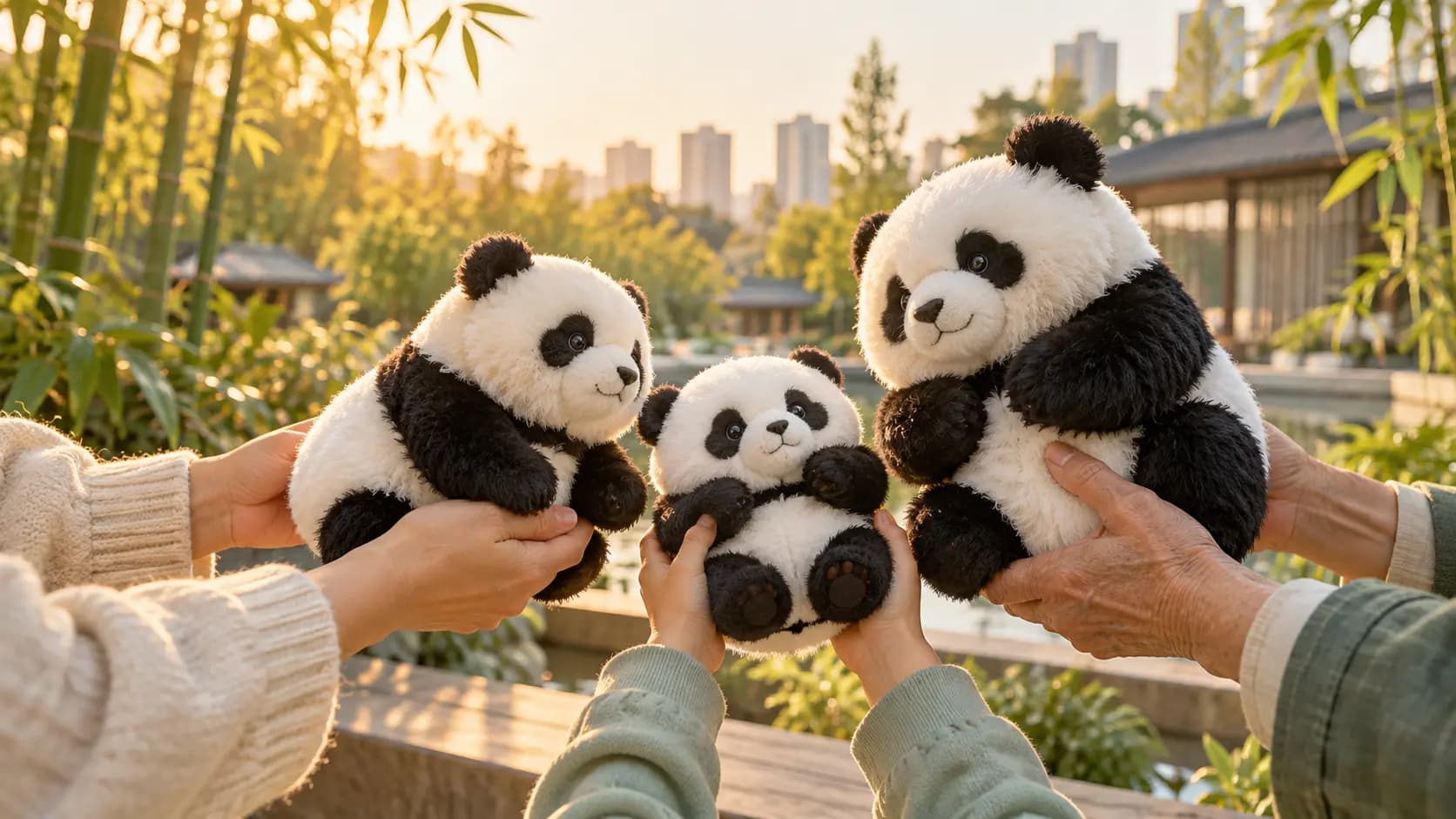 不同年龄的人通过熊猫伙伴建立连接的概念场景