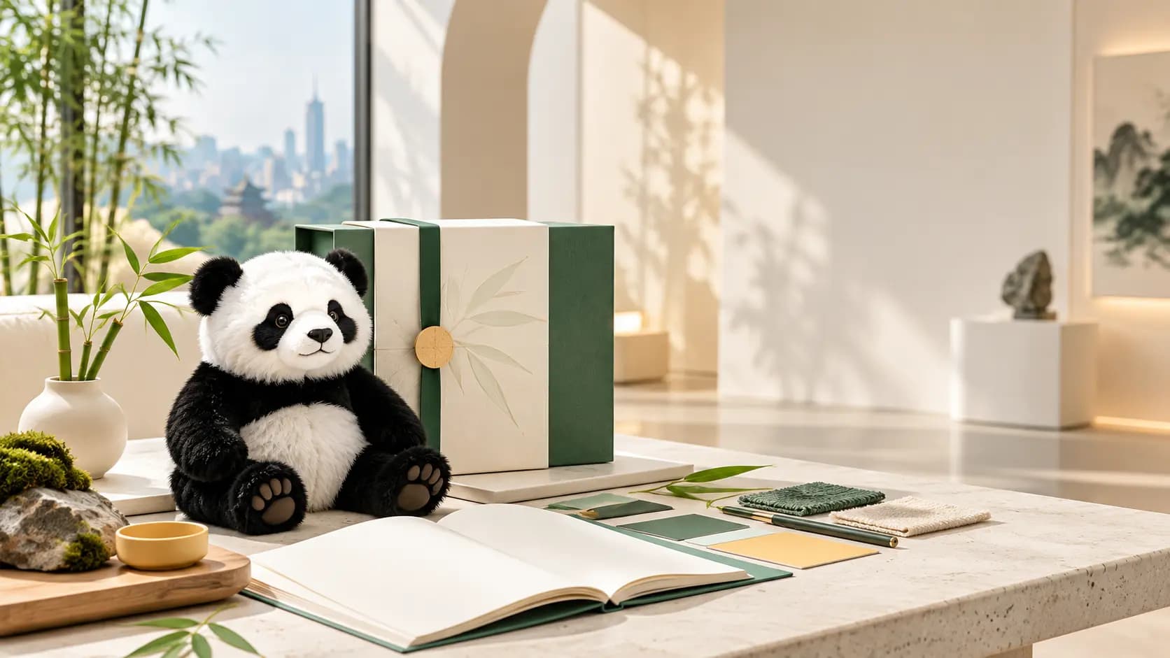熊猫主题礼赠与品牌共创的商务合作概念场景