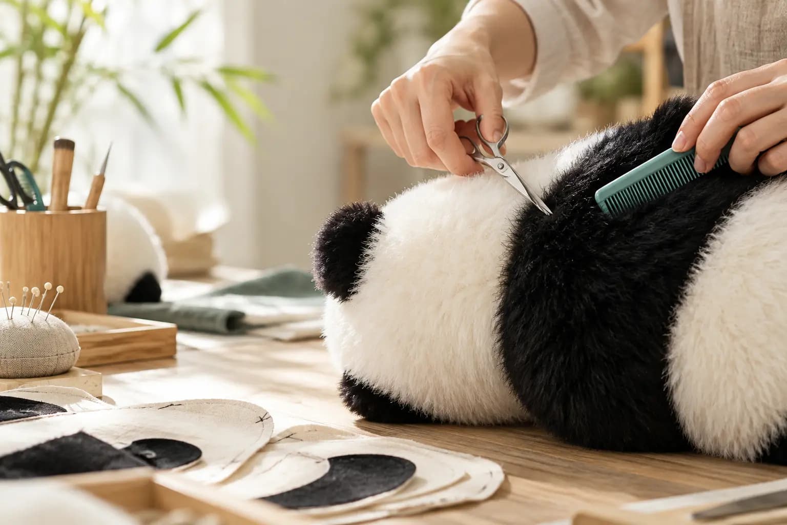匿名匠人双手修整熊猫毛绒的工艺过程概念图